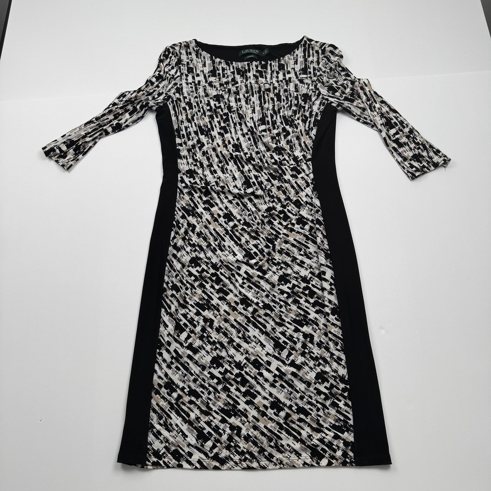 Lauren Ralph Lauren Womens 12 Dress Black Beige Abstract Print 3/4 Sleeve Sheath